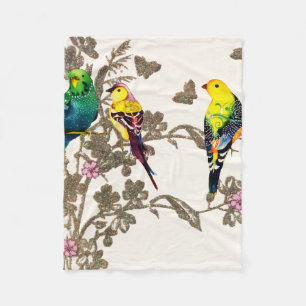 Green Birds Floral Watercolor Silver Glitter Fleece Blanket