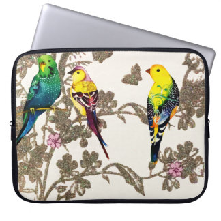 Green Birds Floral Watercolor Silver Glitter Laptop Sleeve