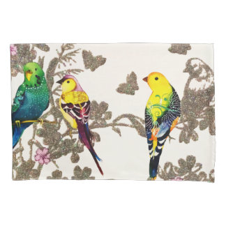 Green Birds Floral Watercolor Silver Glitter Pillowcase