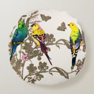 Green Birds Floral Watercolor Silver Glitter Round Cushion