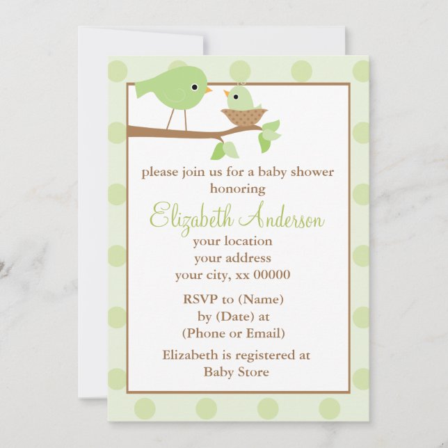 Green Birds in a Nest Baby Shower Invitation (Front)