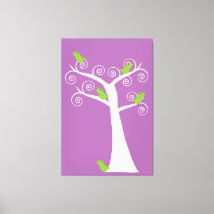 Green Birds in a Whimsical Swirly Tree on Purple Canvas Print