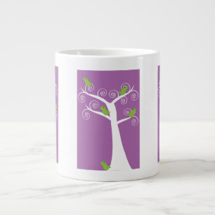Green Birds in a Whimsical Swirly Tree on Purple Large Coffee Mug