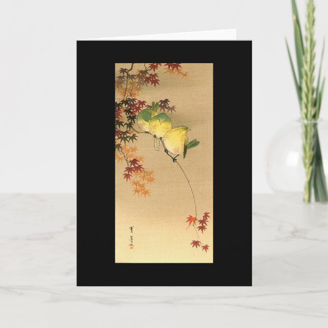 Green Birds on Maple Tree, Japanese Art c.1800s Card (Front)