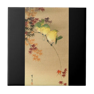 Green Birds on Maple Tree, Japanese Art c.1800s Tile