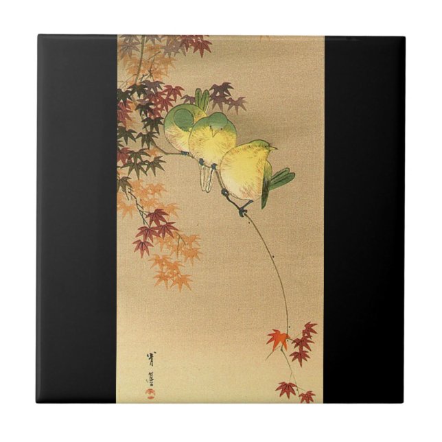 Green Birds on Maple Tree, Japanese Art c.1800s Tile (Front)