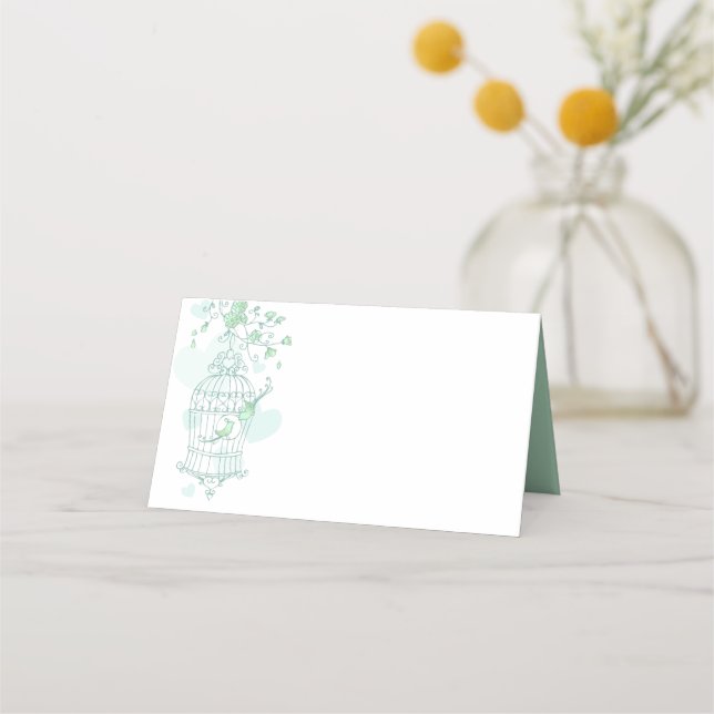 Green birds open cage graphic guest place cards (Back)