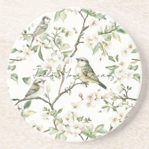 Green Birds White Flowers Tree Coaster