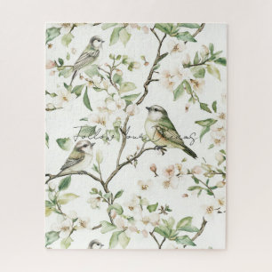 Green Birds White Flowers Tree Jigsaw Puzzle