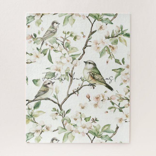 Green Birds White Flowers Tree Jigsaw Puzzle (Vertical)
