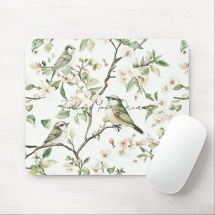Green Birds White Flowers Tree Mouse Pad