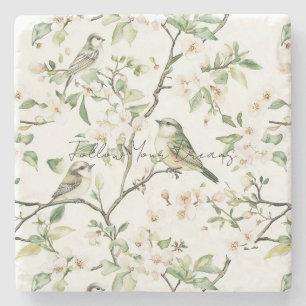 Green Birds White Flowers Tree Stone Coaster