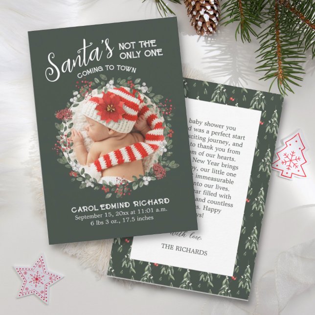 Green Birth Stats Christmas Photo Baby Shower  Thank You Card (Creator Uploaded)