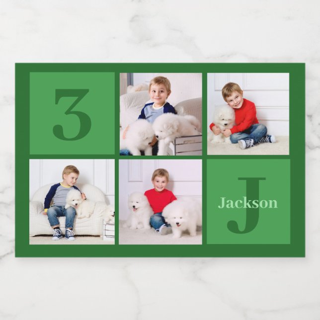 Green Birthday Boy Photo Collage Custom Party Food Label (Single Label)