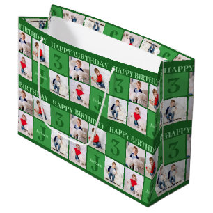 Green Birthday Boy Photo Collage Custom Party Large Gift Bag