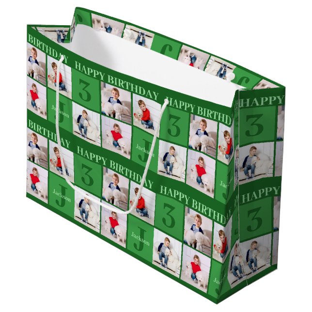 Green Birthday Boy Photo Collage Custom Party Large Gift Bag (Front Angled)