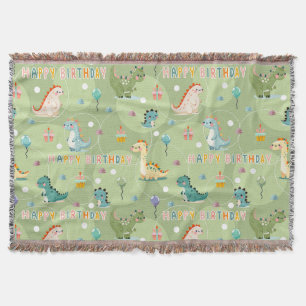 Green birthday pattern with cute dinosaurs party throw blanket