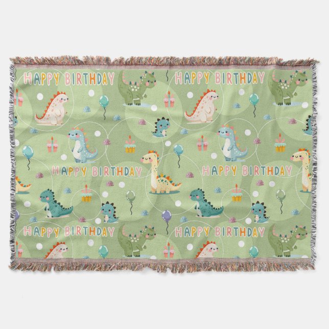 Green birthday pattern with cute dinosaurs party throw blanket (Front)