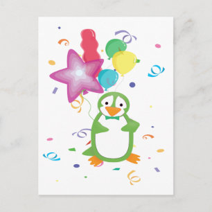Green Birthday Penguin with Balloons Postcard