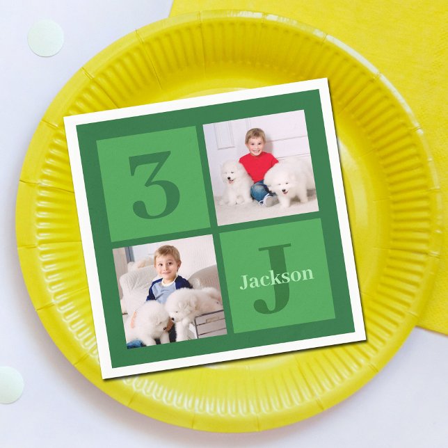 Green Birthday Photo Collage Personalised Party Napkin (Creator Uploaded)