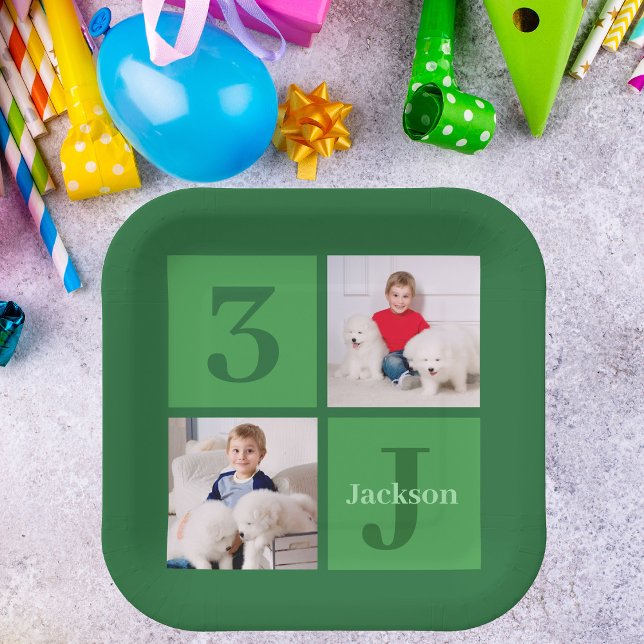 Green Birthday Photo Collage Personalised Party Paper Plate (Creator Uploaded)