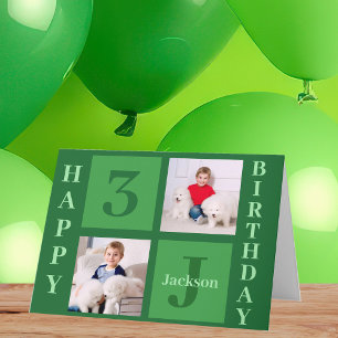 Green Birthday Photo Collage Personalized Kids Card
