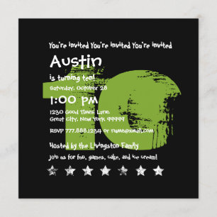 GREEN BLACK 10th Birthday Party 10 Year Old V02B1 Invitation