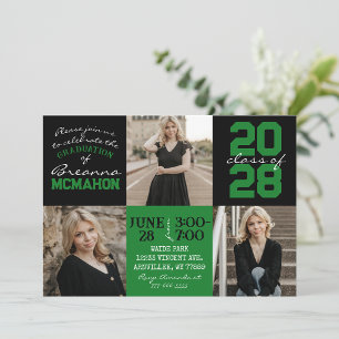 Green & Black 3 Photo Graduation Invitation