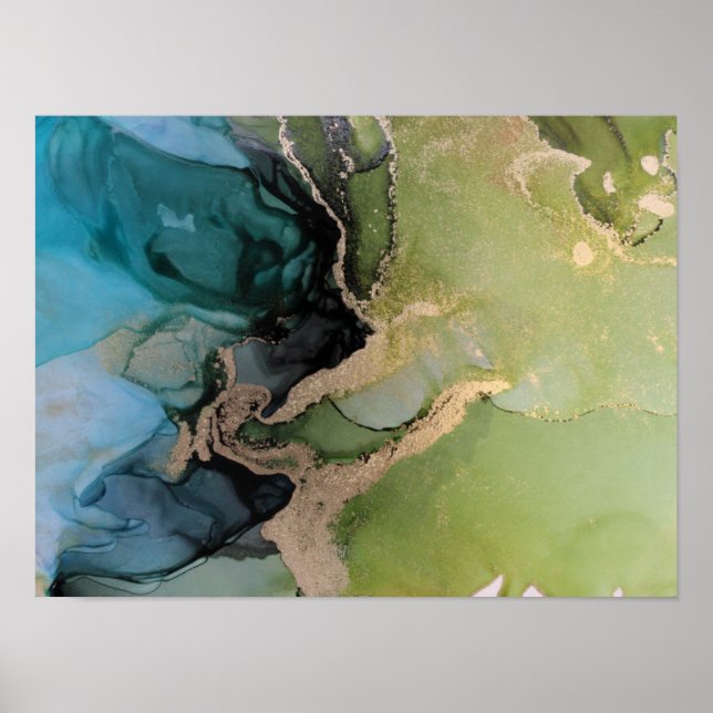 Green Black Abstract Alcohol Ink Poster (Front)