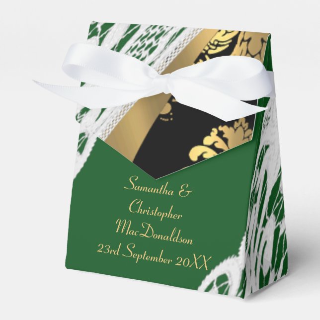 Green black and gold damask white lace wedding favour box (Front Side)