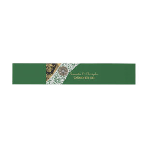 Green black and gold damask white lace wedding invitation belly band