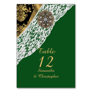 Green black and gold damask white lace wedding table number