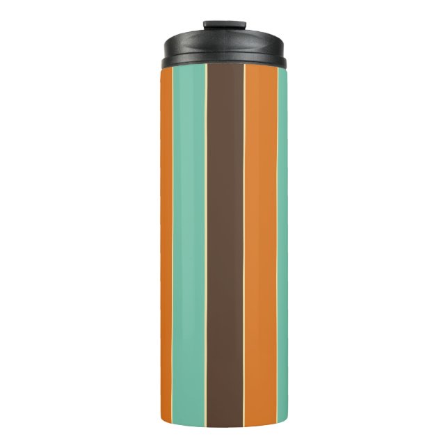 Green, black and orange stripes pattern thermal tumbler (Front)