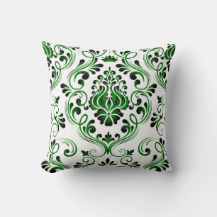 Green Black and White Damask Floral Pattern  Cushion