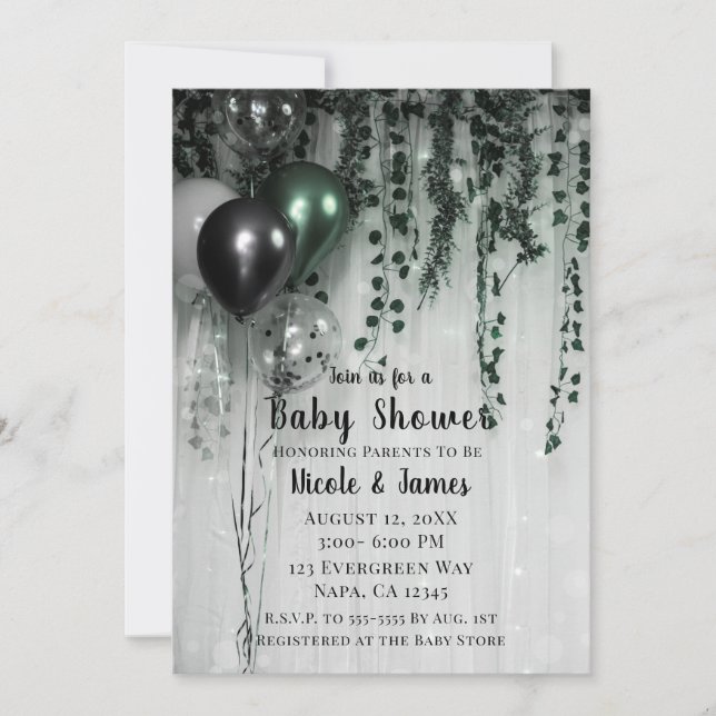 Green Black Balloons Ivy Jungle Party Baby Shower Invitation (Front)