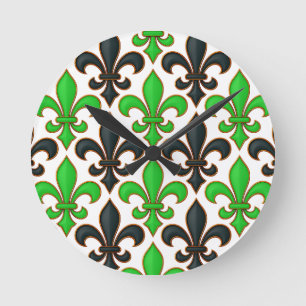 Green Black Baroque Fleur-de-lis Pattern Design  Round Clock