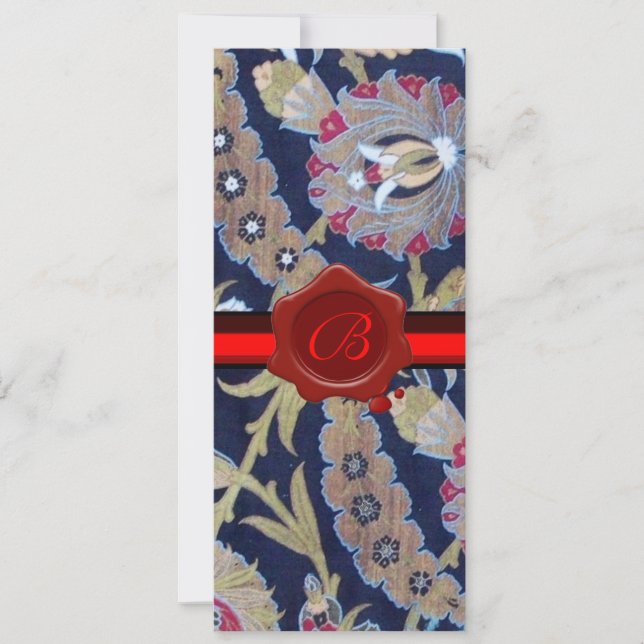 GREEN & BLACK BLUE DAMASK, RED WAX SEAL MONOGRAM INVITATION (Front)