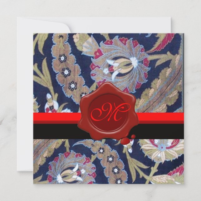 GREEN & BLACK BLUE DAMASK, RED WAX SEAL MONOGRAM INVITATION (Front)