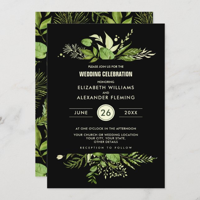 Green Black Botanical Wedding Invitations (Front/Back)