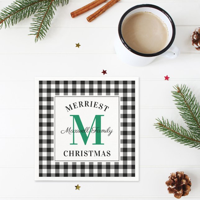 Green Black Buffalo Plaid Christmas Monogram Napkin (Creator Uploaded)
