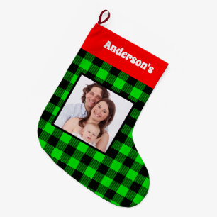 Green Black Buffalo Plaid  Family Photo Name Large Christmas Stocking