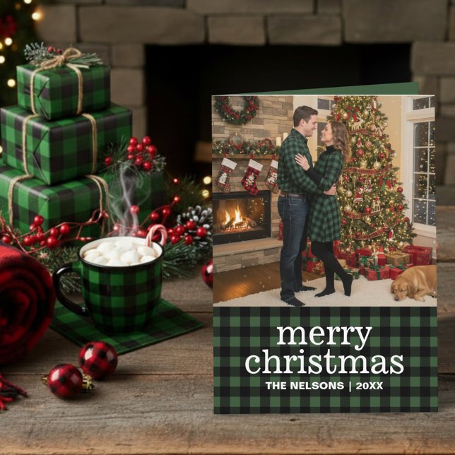 Green & Black Buffalo Plaid Merry Christmas Photo  Holiday Card (Creator Uploaded)