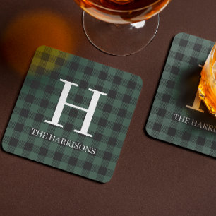 Green Black Buffalo Plaid Monogram Holiday Coaster
