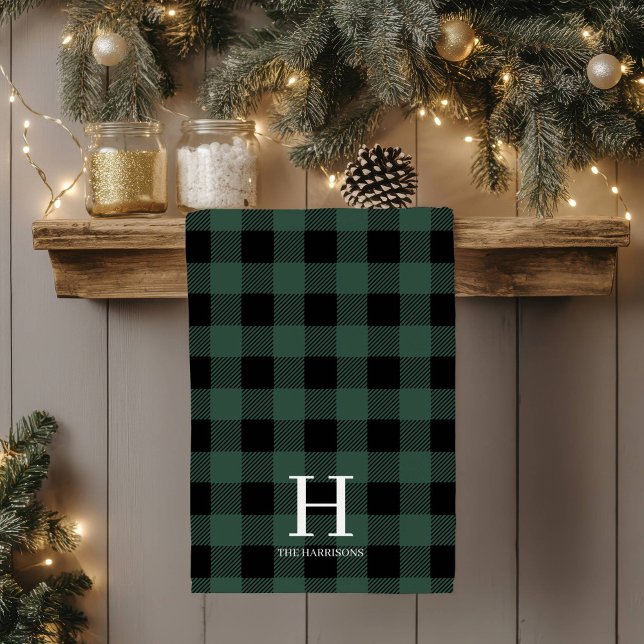 Green Black Buffalo Plaid Monogram Holiday Tea Towel (Creator Uploaded)