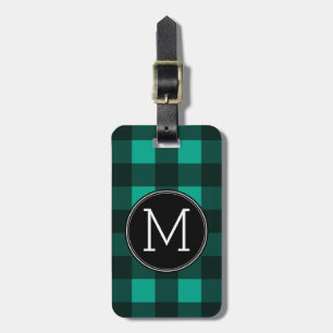 Green & Black Buffalo Plaid Pattern Monogram Luggage Tag