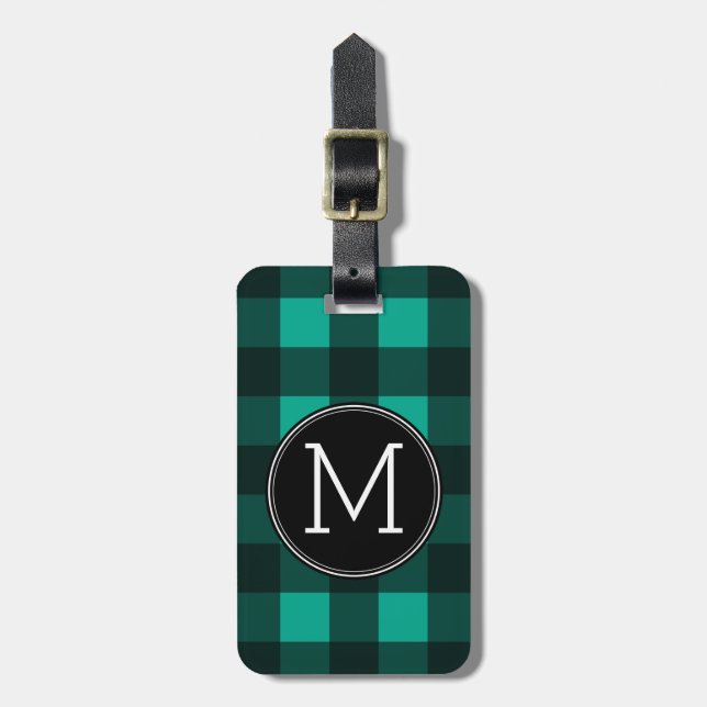 Green & Black Buffalo Plaid Pattern Monogram Luggage Tag (Front Vertical)