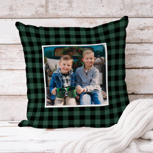 Green Black Buffalo Plaid Photo Christmas Cushion