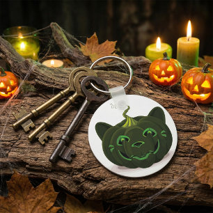 Green Black Cat Pumpkin Halloween Key Ring