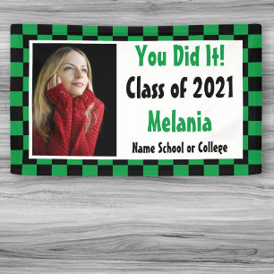 Green Black Checkerboard Photo Graduation Banner