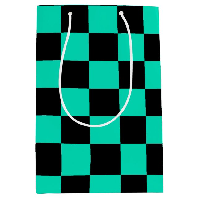 Green Black Chequered Check Pattern Medium Gift Bag (Front)